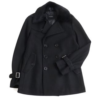 バーバリーブラックレーベル(BURBERRY BLACK LABEL)の極美品○BURBERRY BLACK LABEL バーバリーブラックレーベル BMP38-334-09 襟ラビットファー使い ダブルブレスト ピーコート ブラック L 正規品 メンズ(ピーコート)