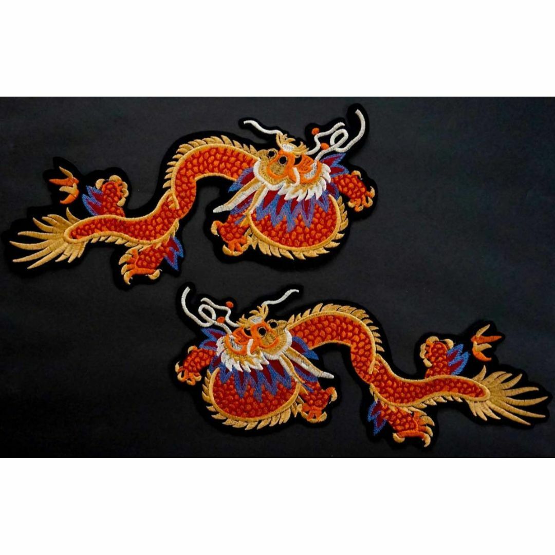 特大◎《２枚セット◎お買い得》『古代左右天神橙龍』 激渋DRAGON刺繍ワッペン ハンドメイドの素材/材料(各種パーツ)の商品写真