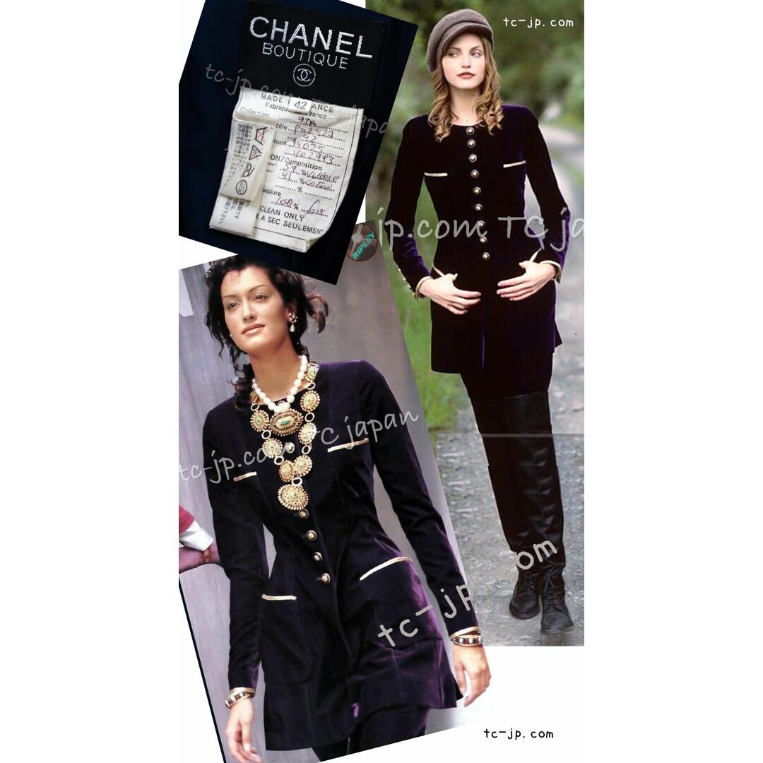 CHANEL(シャネル)のシャネル コート CHANEL ヴィンテージ ダーク ネイビー ゴールド トリム とろ〜り バター ベルベット ロング ジャケット 40 42 レディースのジャケット/アウター(ロングコート)の商品写真