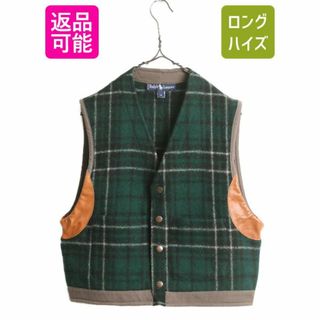 ラルフローレン(Ralph Lauren)の80s USA製 ポロ ラルフローレン ウール ベスト レディース M メンズ S / 80年代 ヴィンテージ ハンティング 本革 レザー チェック 前開き(ベスト/ジレ)