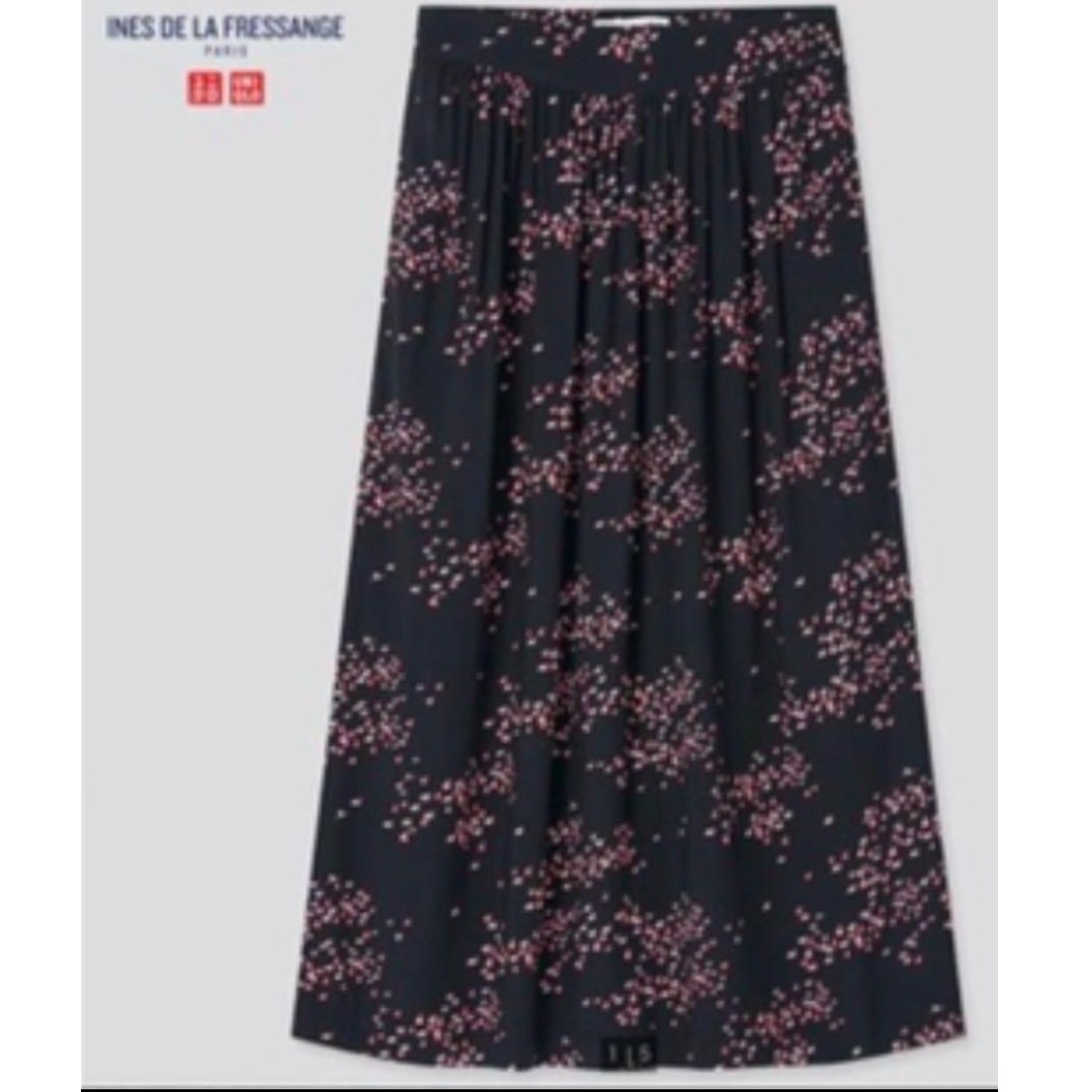 UNIQLO(ユニクロ)のセール♪新品 L ユニクロ イネス フレア スカート フラミンゴ（黒柄） レディースのスカート(ロングスカート)の商品写真