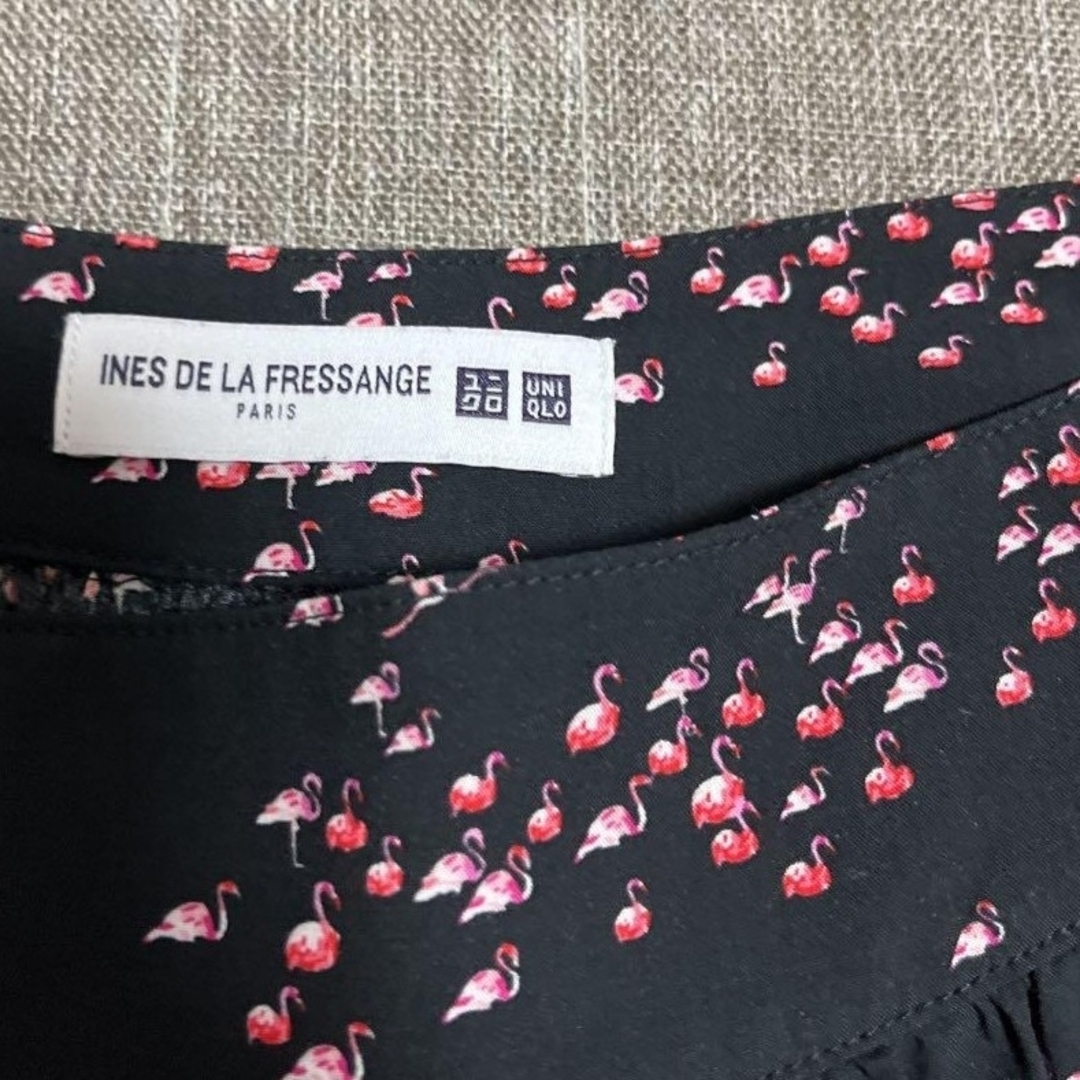 UNIQLO(ユニクロ)のセール♪新品 L ユニクロ イネス フレア スカート フラミンゴ（黒柄） レディースのスカート(ロングスカート)の商品写真