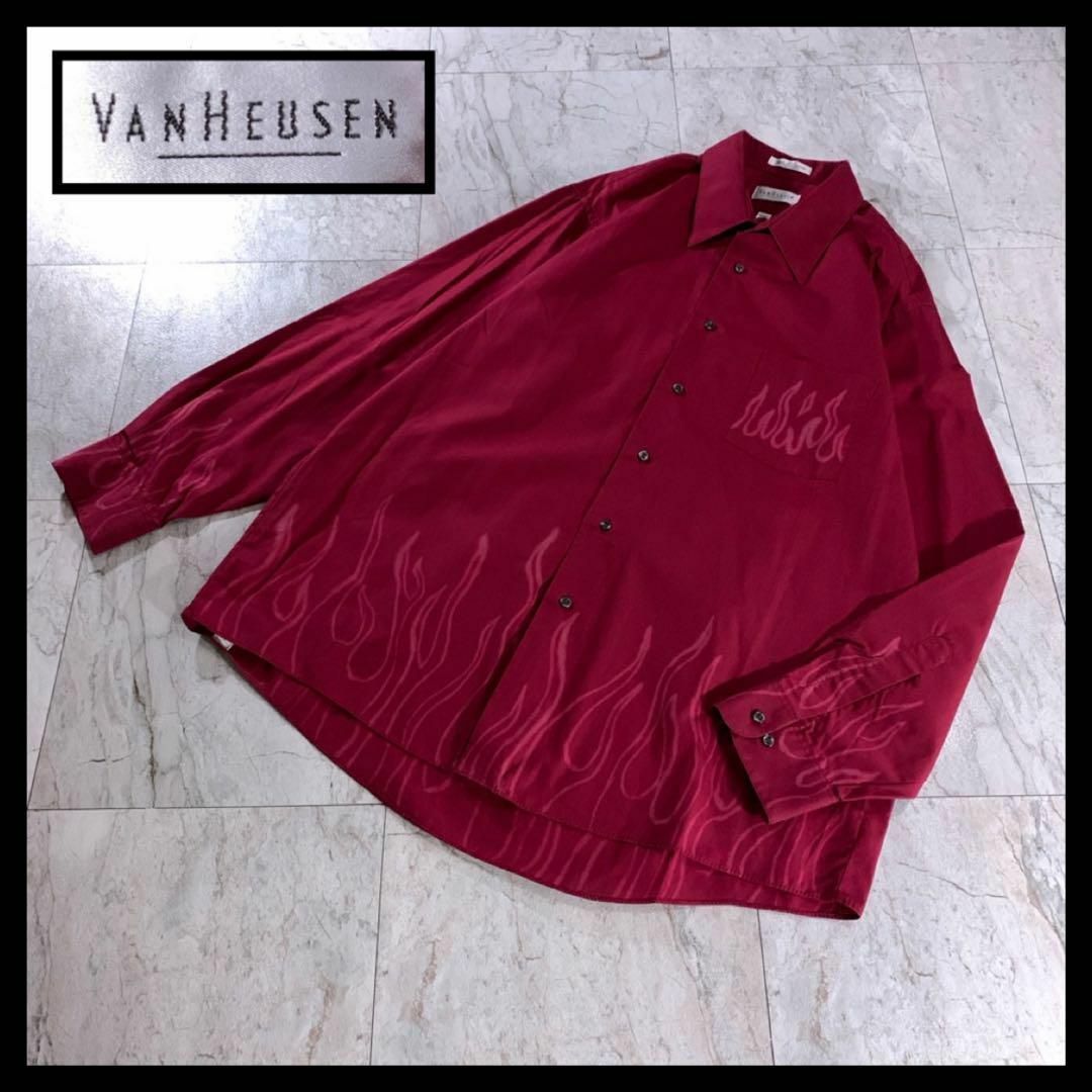 90s 古着 VAN HEUSEN フレイム ファイヤー パターン シャツ 長袖 メンズのトップス(シャツ)の商品写真