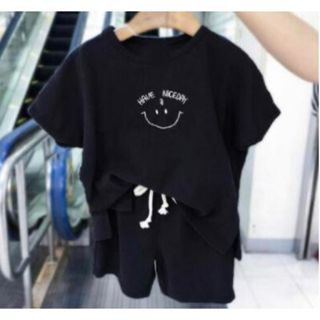 110cm コットン100％ 上下セット セットアップ スマイル  黒 ブラック(Tシャツ/カットソー)