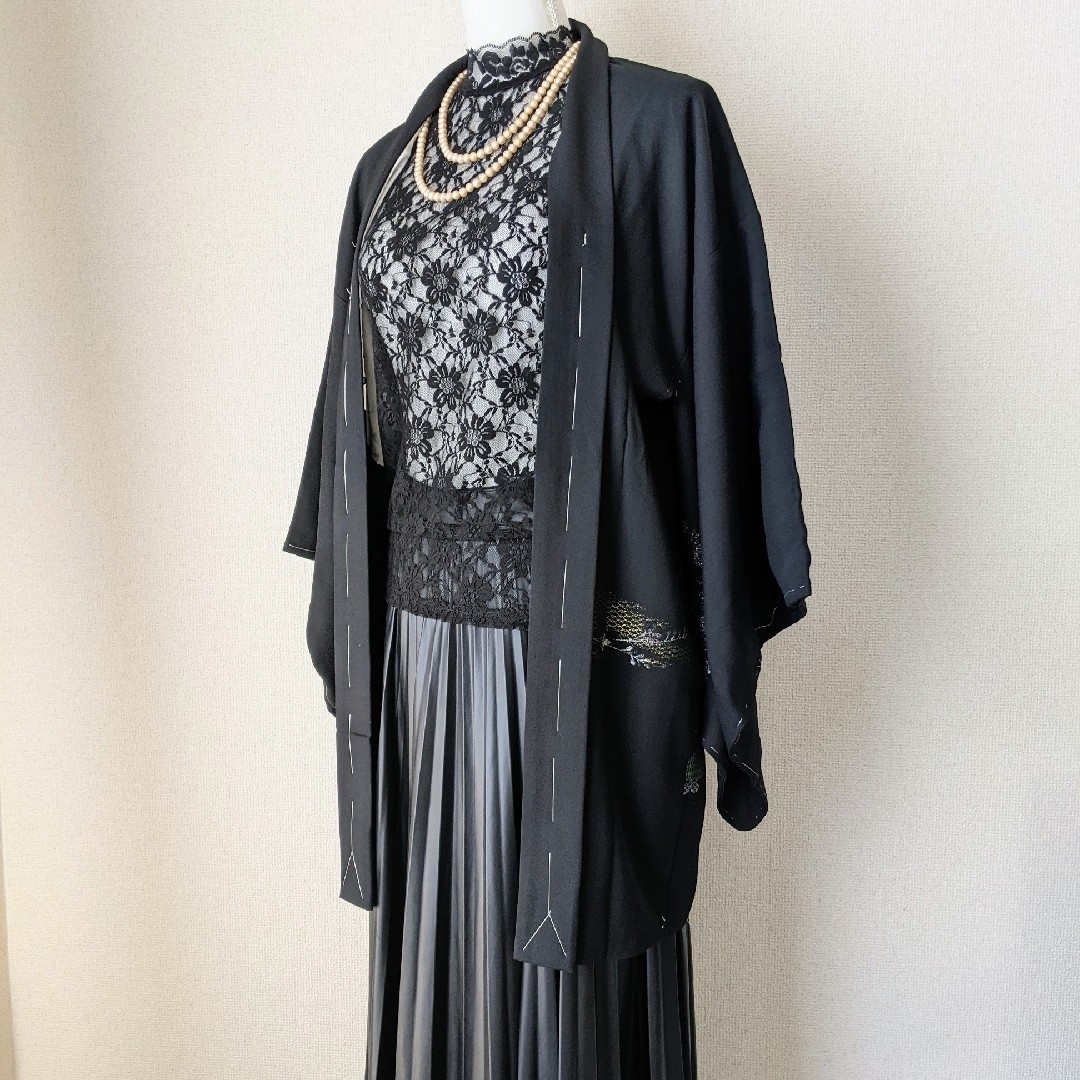 VINTAGE - 黒長羽織 HAORI 正絹 着物 黒絵羽織 金糸 銀糸 和洋 VINTAGE - 黒長羽織 HAORI 正絹 着物 黒絵羽織 金糸 銀糸 和洋
