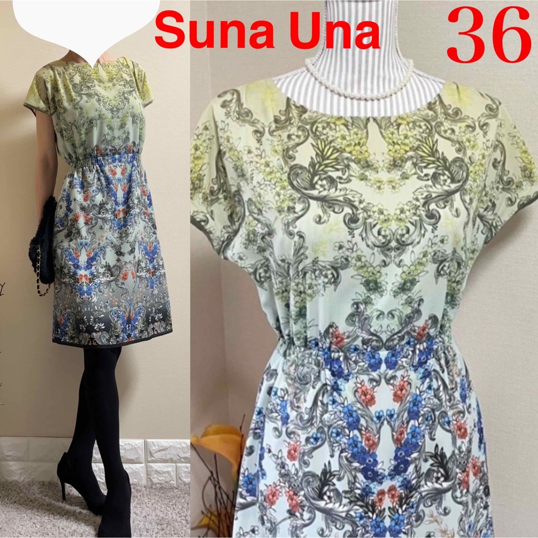 SunaUna(スーナウーナ)の美品！SunaUna スーナウーナ　ボタニカル　花柄　ワンピース  36 SM レディースのワンピース(ひざ丈ワンピース)の商品写真