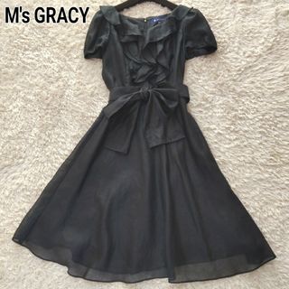 エムズグレイシー(M'S GRACY)の美品 エムズグレイシー シフォン フリル ウエストリボン ワンピース ブラック(ひざ丈ワンピース)