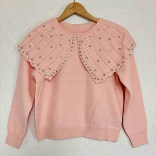 ビジューキラキラ 襟が可愛い 桜色 ベビーピンク ピンクニット セーター(ニット/セーター)
