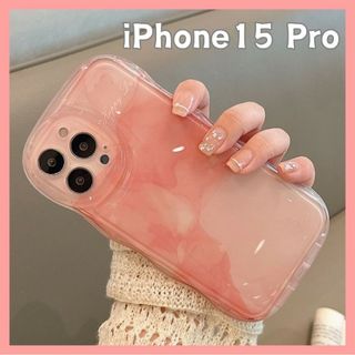 iPhone15 Pro ケース グラデーション 大理石 ピンク 韓国 ウエーブ(iPhoneケース)