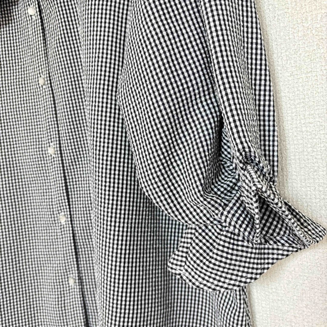 ビッグカラー ギンガムチェック フリル ブラウス 白黒 レディースのトップス(シャツ/ブラウス(半袖/袖なし))の商品写真