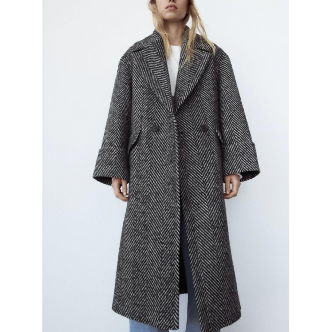 ZARA】ビッグヘリンボーンコート ダブルボタン M L ZARA】ビッグヘリンボーンコート ダブルボタン M L