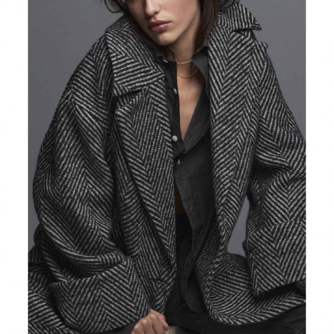 ZARA】ビッグヘリンボーンコート ダブルボタン M L ZARA】ビッグヘリンボーンコート ダブルボタン M L