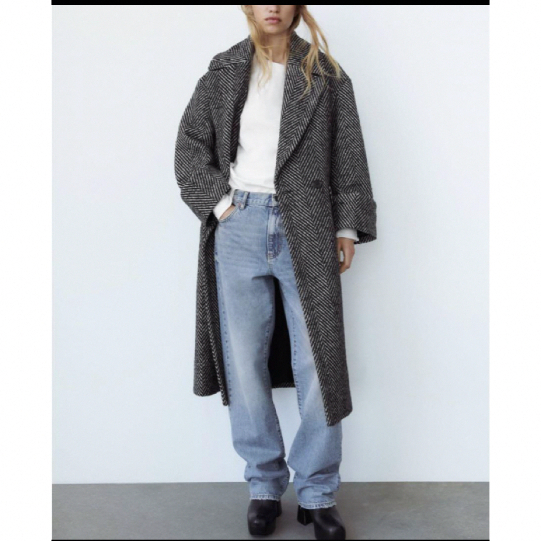 ZARA】ビッグヘリンボーンコート ダブルボタン M L ZARA】ビッグヘリンボーンコート ダブルボタン M L