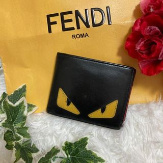 フェンディ(FENDI)のフェンディ　モンスター  二つ折り　バグズアイ　レザー 黒　FENDI(折り財布)