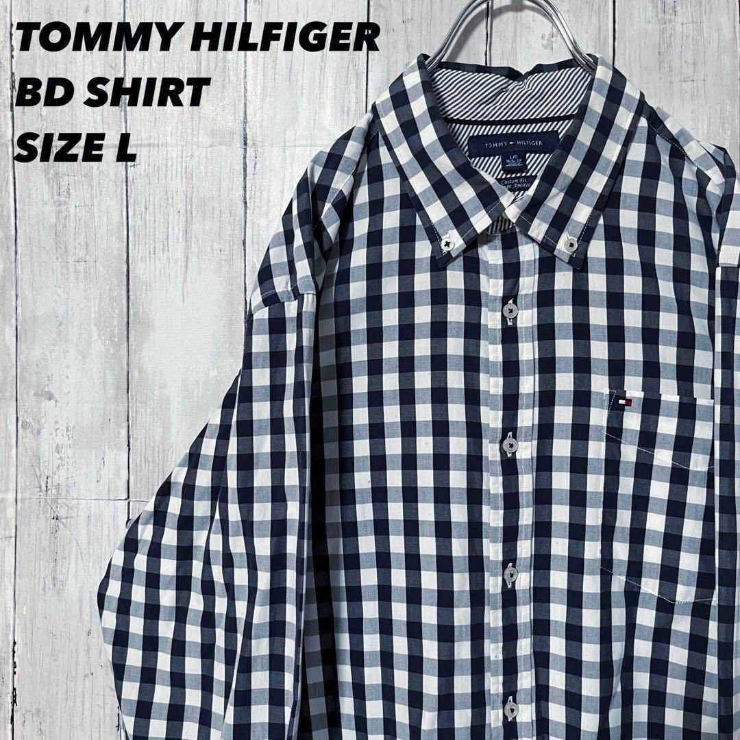 TOMMY HILFIGER(トミーヒルフィガー)のUS古着　トミーヒルフィガー長袖ブロードチェック柄BDシャツ　サイズL 黒×白 メンズのトップス(シャツ)の商品写真