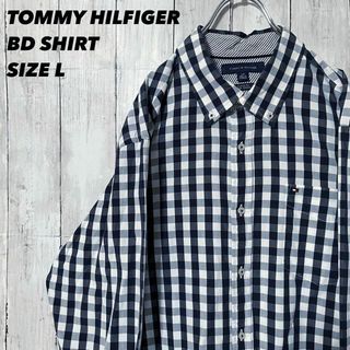 トミーヒルフィガー(TOMMY HILFIGER)のUS古着　トミーヒルフィガー長袖ブロードチェック柄BDシャツ　サイズL 黒×白(シャツ)