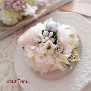 45.薔薇♡まんまるコサージュ.2wayクリップ.白(コサージュ/ブローチ)