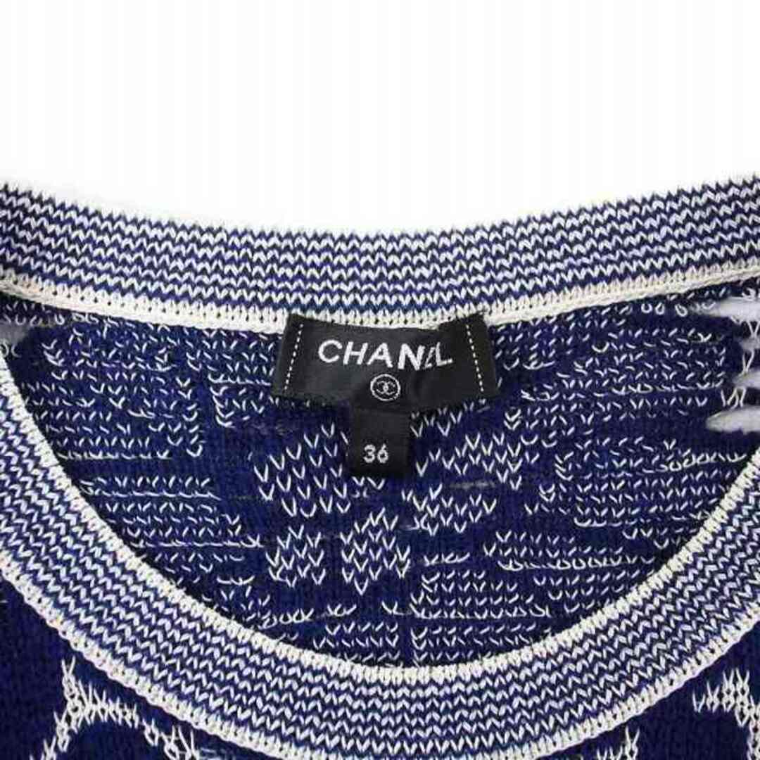 CHANEL(シャネル)のシャネル 20P フラワー ココマーク ニットワンピース 半袖 ひざ丈 紺 レディースのワンピース(ひざ丈ワンピース)の商品写真