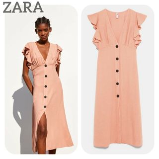 ザラ(ZARA)のZARA ✨ ザラ さらっと着れるボタン付きリネンワンピース 夏ワンピ M(ロングワンピース/マキシワンピース)