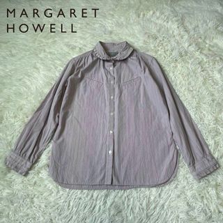 マーガレットハウエル(MARGARET HOWELL)のマーガレットハウエル　ストライプ　フリル　シャツ　ピンク(シャツ/ブラウス(長袖/七分))