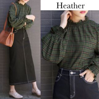 ヘザー(heather)のヘザー チェック フリル ハイネック ブラウス(シャツ/ブラウス(長袖/七分))