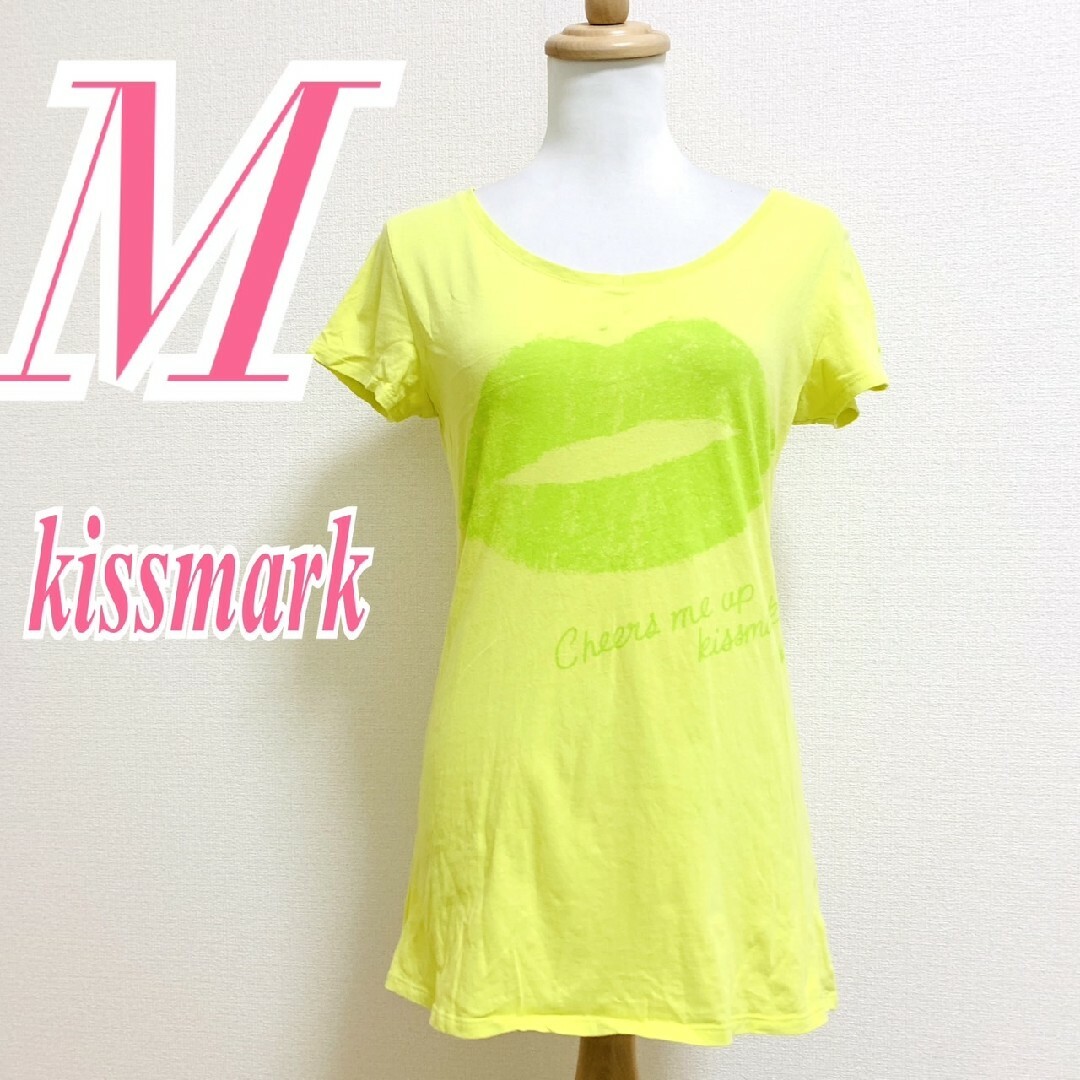 kissmark(キスマーク)のキスマーク　半袖カットソー　M　イエロー　グリーン　プリント　カジュアル レディースのトップス(Tシャツ(半袖/袖なし))の商品写真