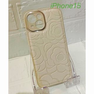 iPhone15 ケース花柄　オシャレ　アイボリー　iPhone15カバー韓国風(iPhoneケース)