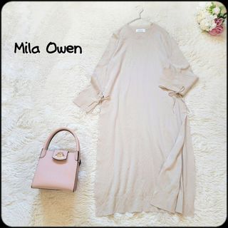 ミラオーウェン(Mila Owen)のミラオーウェン●袖口リボン付き♪美品！サイドスリットロング丈ニットワンピース/F(ロングワンピース/マキシワンピース)