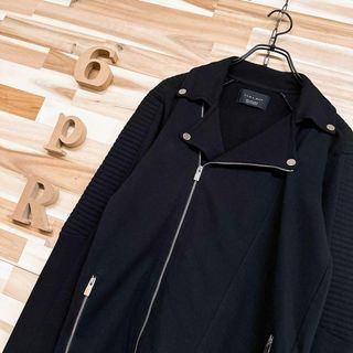 ザラ(ZARA)の【ザラマン】コットン ライダース ジャケット 肩ステッチ 綿 バイク S 黒×銀(ライダースジャケット)