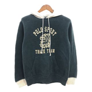 ポロラルフローレン(POLO RALPH LAUREN)の90年代 POLO SPORTS ポロスポーツ 3段プリント コットン ニット フーディー セーター グリーン (メンズ M) 中古 古着 Q0568(ニット/セーター)