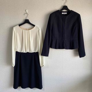 NATURAL BEAUTY BASIC - ママスーツ ワンピース ノーカラー スーツ M ツイード 濃紺 入学入園 DMW