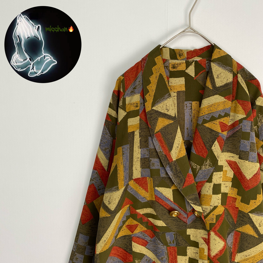 【ジャケット　幾何学模様　ダブルボタン　薄生地　カーキ　オレンジ　古着】 メンズのジャケット/アウター(その他)の商品写真