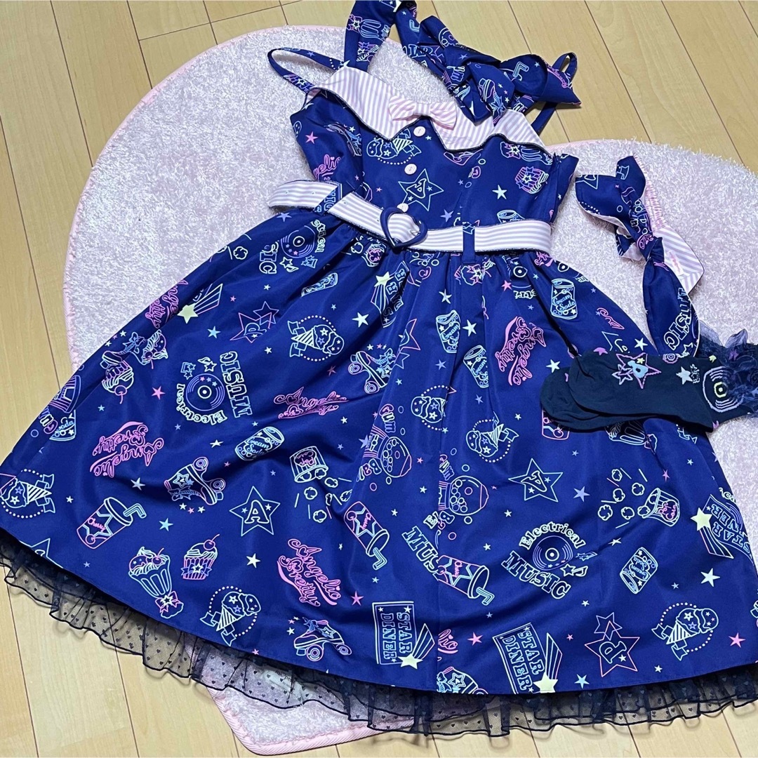 Angelic Pretty(アンジェリックプリティー)のneon star diner 紺色　フルセット　angelic pretty レディースのワンピース(ひざ丈ワンピース)の商品写真