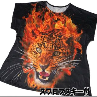 未使用品【炎の豹顔× スワロフスキー付】プリントTシャツM〜L豹柄 レオパード柄(カットソー(半袖/袖なし))