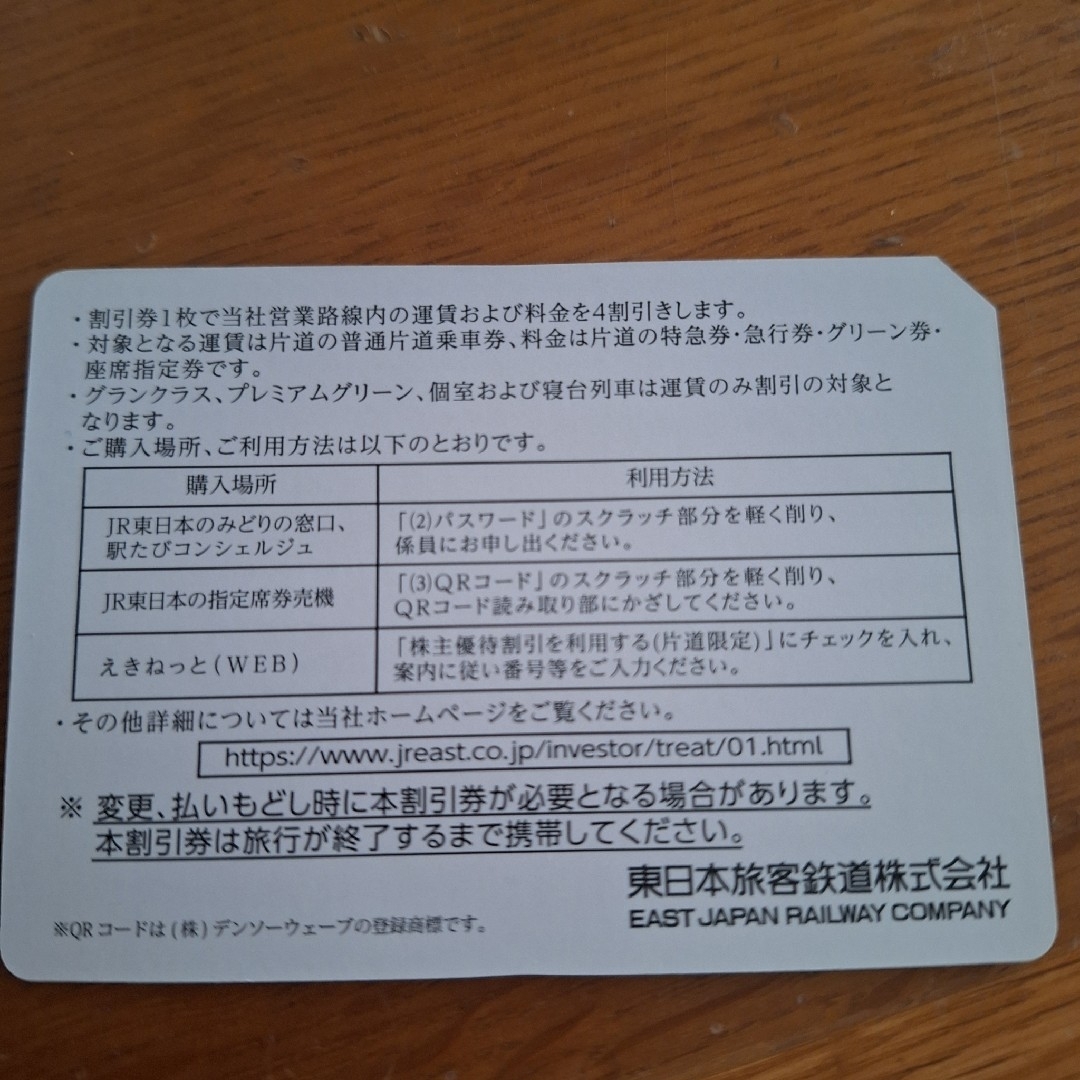 JR(ジェイアール)のJR東日本　株主優待割引券(4割引)　1枚 チケットの乗車券/交通券(その他)の商品写真