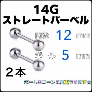 14G ストレートバーベル ピアス 2本【12×5】(ピアス)