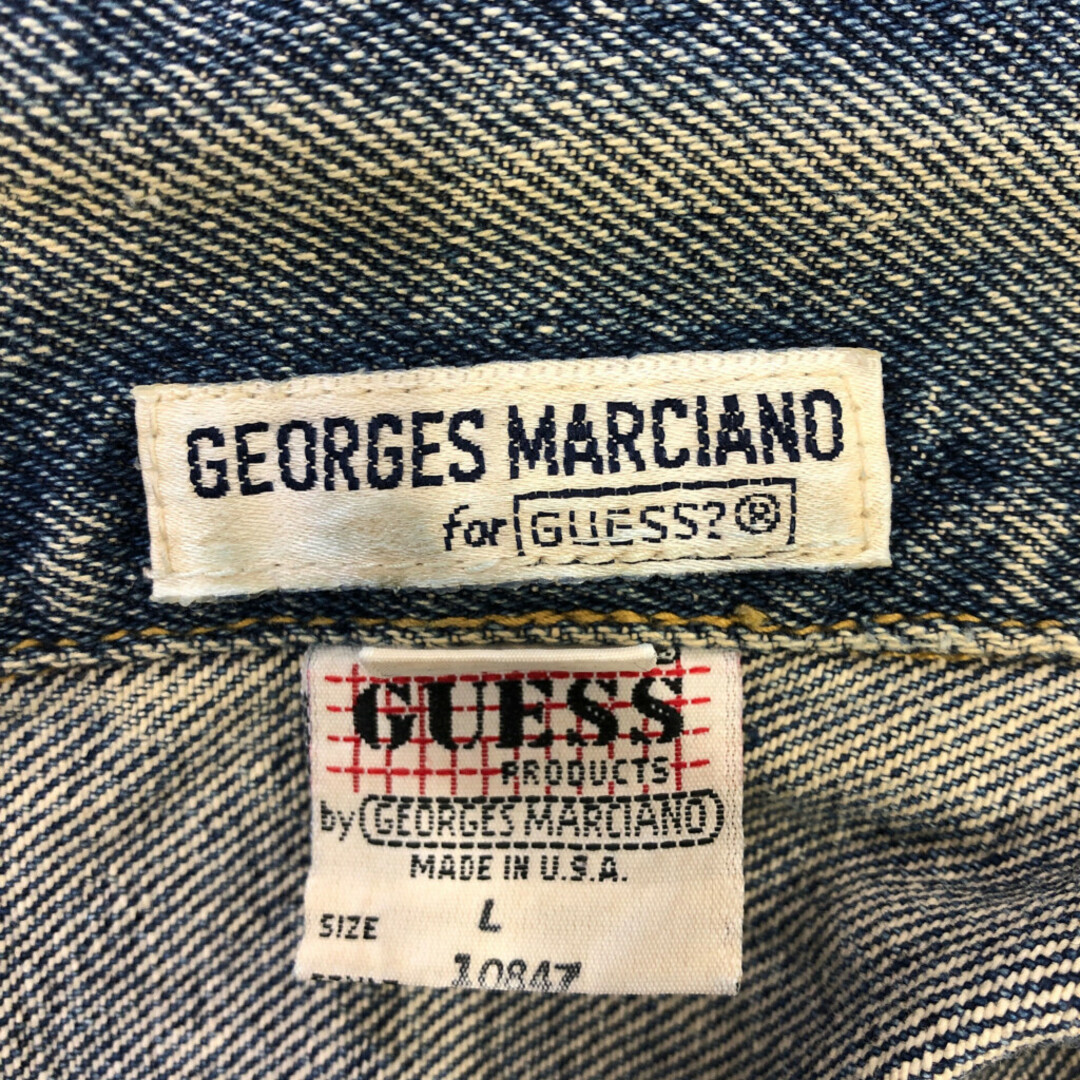 GUESS(ゲス)の90年代 USA製 Guess ゲス GEORGES MARCIANO ケミカルウォッシュ デニムジャケット アメカジ ブルー (メンズ L) 中古 古着 Q0831 メンズのジャケット/アウター(Gジャン/デニムジャケット)の商品写真