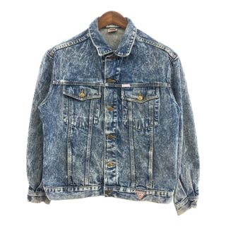 ゲス(GUESS)の90年代 USA製 Guess ゲス GEORGES MARCIANO ケミカルウォッシュ デニムジャケット アメカジ ブルー (メンズ L) 中古 古着 Q0831(Gジャン/デニムジャケット)