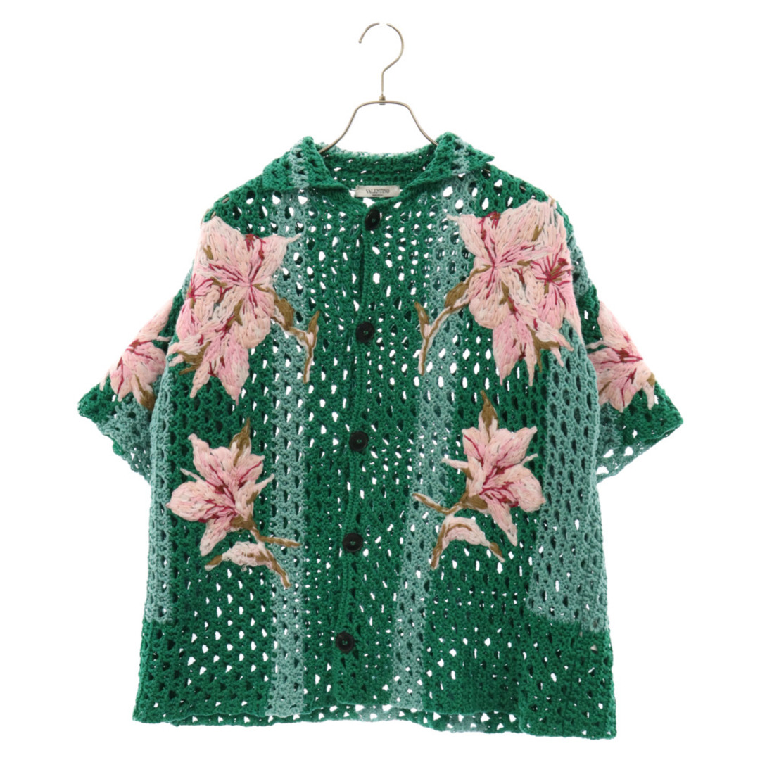 VALENTINO(ヴァレンティノ)のVALENTINO ヴァレンチノ Floral Embroidered Crochet Shirt VV0KP01C7E9 フローラル エンブロイダリー クロシェットシャツ 半袖シャツ グリーン メンズのトップス(シャツ)の商品写真