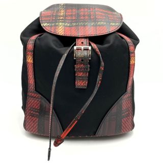 プラダ(PRADA)のプラダ リュックサック デイパック バックパック チェック柄 ブラック レッド ナイロン レザー PRADA【中古】(リュック/バックパック)