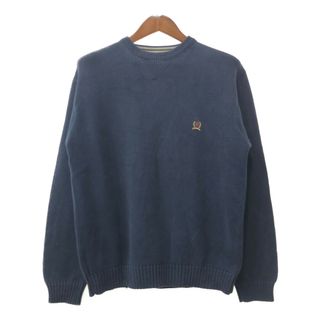 トミーヒルフィガー(TOMMY HILFIGER)の90年代 TOMMY HILFIGER トミーヒルフィガー ワンポイントロゴ コットン ニット セーター ネイビー (メンズ L) 中古 古着 Q0942(ニット/セーター)