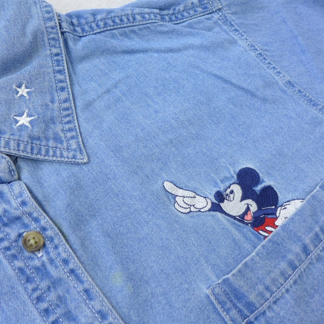 Disney(ディズニー)の古着 長袖 シャツ レディース 90年代 90s ディズニー DISNEY ミッキー MICKEY MOUSE 刺繍 大きいサイズ コットン 薄紺 ネイビー デニム 21jun16 中古 ブラウス トップス レディースのトップス(ポロシャツ)の商品写真