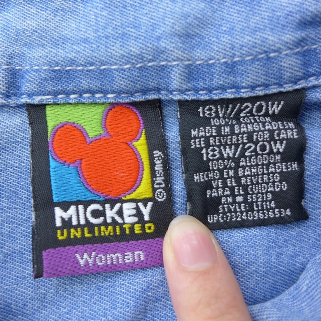 Disney(ディズニー)の古着 長袖 シャツ レディース 90年代 90s ディズニー DISNEY ミッキー MICKEY MOUSE 刺繍 大きいサイズ コットン 薄紺 ネイビー デニム 21jun16 中古 ブラウス トップス レディースのトップス(ポロシャツ)の商品写真