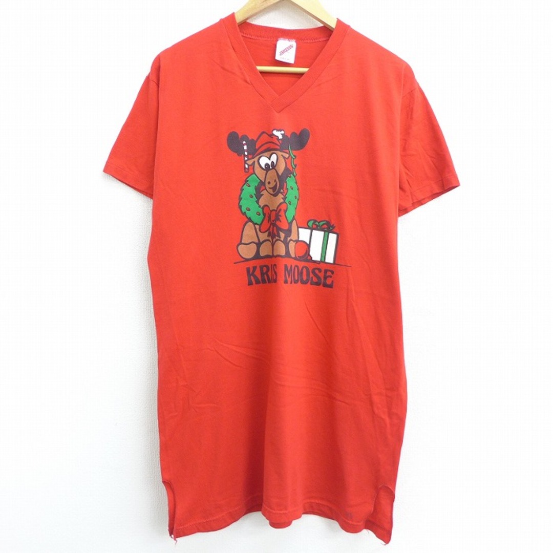 古着 半袖 ビンテージ Tシャツ ワンピース レディース 80年代 80s トナカイ クリスマス ロング丈 Vネック USA製 赤 レッド 21jun08 中古 レディースのワンピース(ミニワンピース)の商品写真