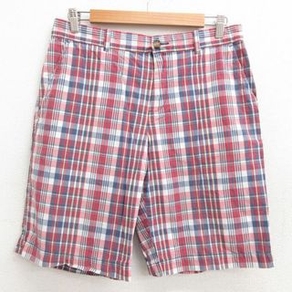 トミーヒルフィガー(TOMMY HILFIGER)のW32★古着 トミーヒルフィガー TOMMY HILFIGER ブランド ショート パンツ ショーツ メンズ ワンポイントロゴ コットン 赤 レッド チェック 21jul14 中古 ボトムス 短パン ショーパン ハーフ(ワークパンツ/カーゴパンツ)