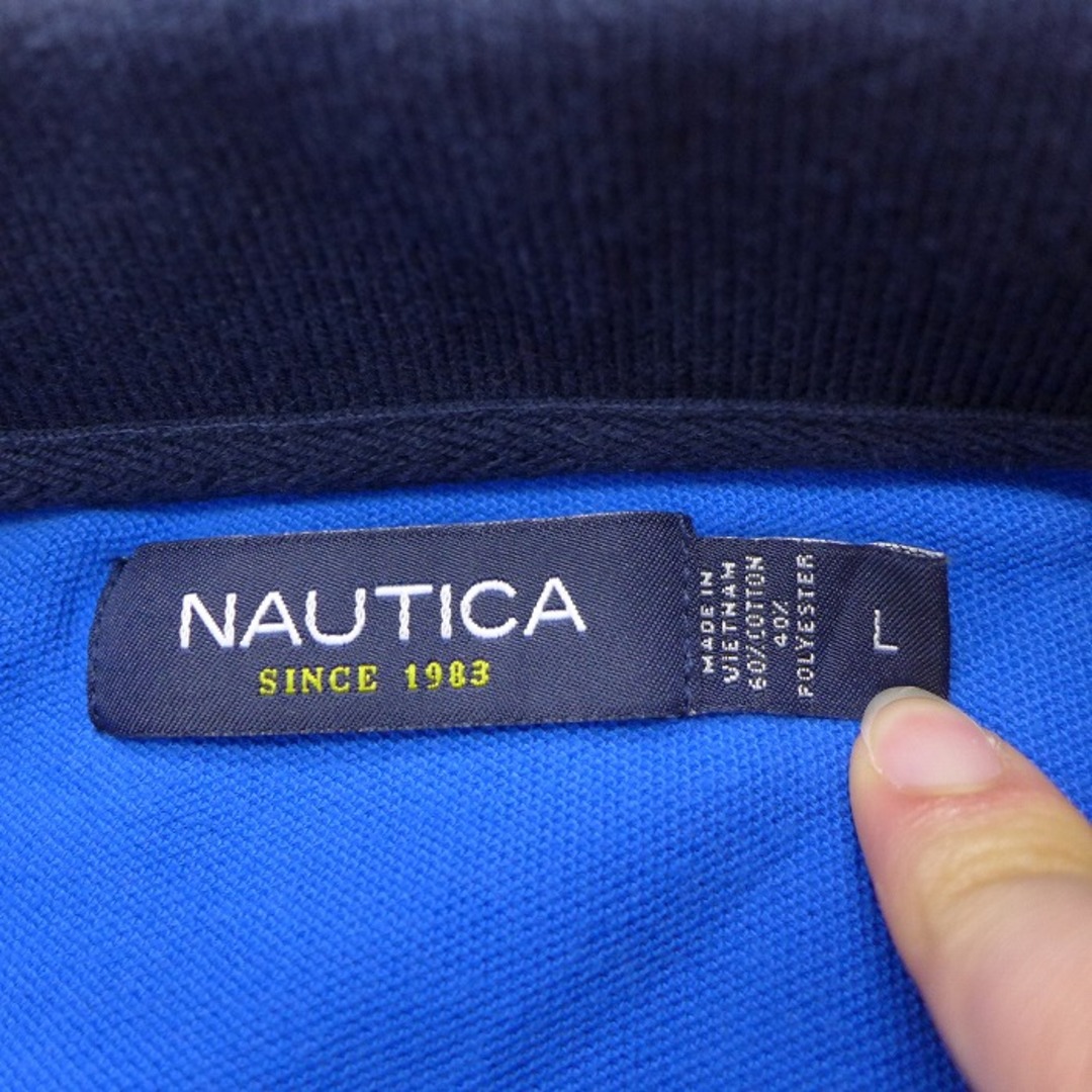 NAUTICA(ノーティカ)のL★古着 ノーティカ NAUTICA 半袖 ブランド ポロ シャツ メンズ ワンポイントロゴ コットン 鹿の子 青 ブルー ボーダー 21jun02 中古 トップス メンズのトップス(ポロシャツ)の商品写真