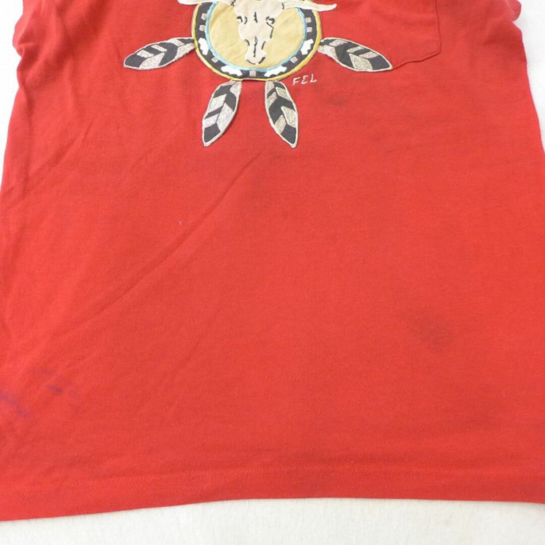 M★古着 ビンテージ ノースリーブ Tシャツ メンズ 80年代 80s ロングホーン ラメ 胸ポケット付き クルーネック USA製 赤 レッド 21jul09 中古 メンズのトップス(タンクトップ)の商品写真