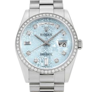 ロレックス(ROLEX)のロレックス デイデイト ベゼルダイヤ 8Pラウンド 2Pバゲットダイヤ 118346A アイスブルー 彫りコンピューター アラビアデイデイト P番 メンズ 中古 腕時計(腕時計(アナログ))