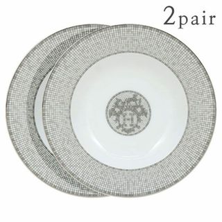 エルメス(Hermes)のエルメス スーププレート 22cm ペア 2枚セット モザイク ヴァンキャトル Mosaique au 24 soup plate ポーセリン 磁器 食器 洋食器 お皿 プラチナ シルバー ホワイト 新品 3256(食器)