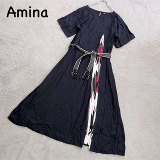 チャイハネ(チャイハネ)の【チャイハネ】Amina ネイティブ柄　ロングワンピース　ハンドメイド　ブラック(ロングワンピース/マキシワンピース)